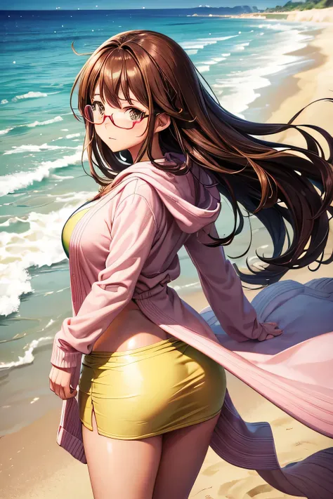 High resolution, high quality, 1 girl, anime girl, Brown hair long hair, brown eyes, green glasses, sunburned skin, big breasts, (big ass),pink cardigan,white draped skirt,lower body,walk,on the beach,