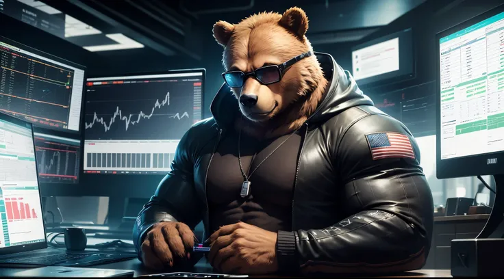 an animate Bear making trades in a scenario with several computers and financial market operational chart screens. Urso com roupa cyberpunk, of sunglasses, usando fone de ouvido, with muscles. cyberpunk setting, com muitas luzes e monitores operacionais