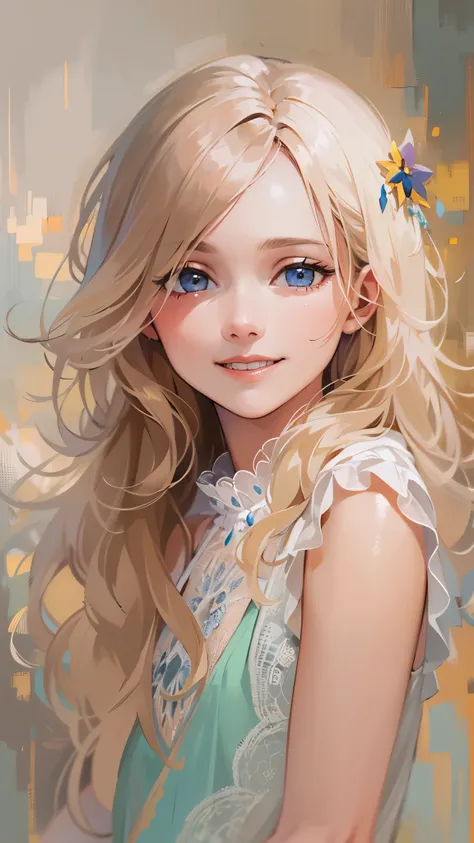 Masterpiece, ultra-detailed, portrait of an adorable girl with a sweet expression, her eyes sparkling with innocence and warmth. Soft, flowing hair frames her face, cascading gently over her shoulders. She has rosy cheeks and a captivating smile that light...