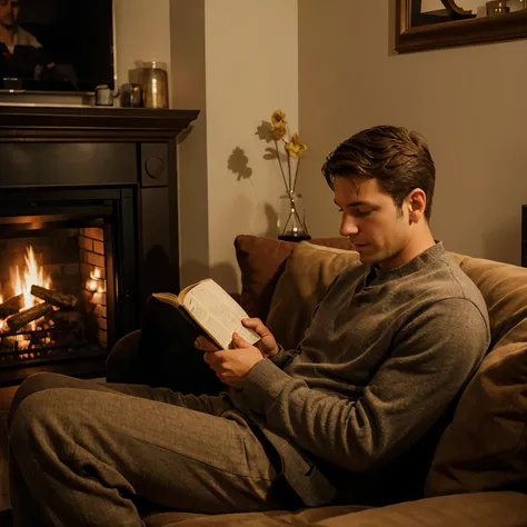 Mike reading a book on a cozy couch by the fireplace.