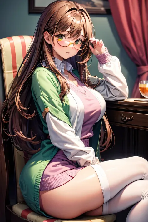 High resolution, high quality, 1 girl, anime girl, Brown hair long hair, brown eyes, green glasses, sunburned skin, big breasts, (big ass),pink cardigan,white draped skirt,purple stockings,Upper body,sit on a chair,