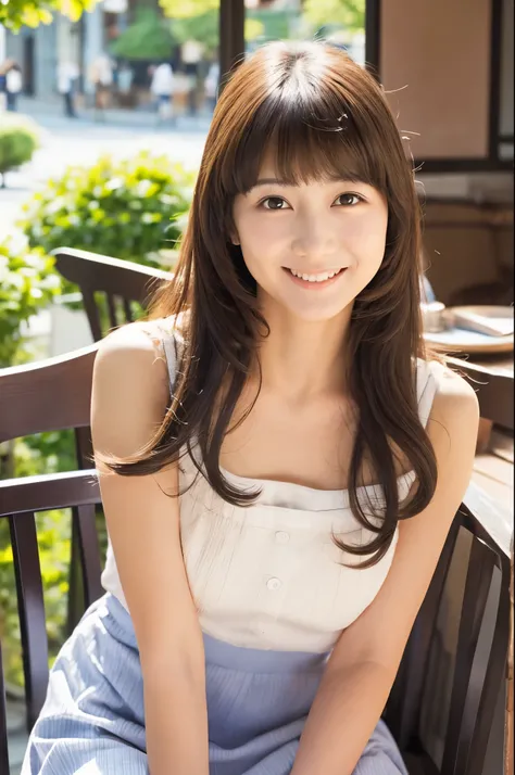 Female Japanese sitting on café terrace, Elegant, long curly hair, turn, off shoulders, large round eyes, Sunlight, with round face, Wide Double Width, Crisp double, With bangs, Brown eyes, narrow forehead, a baby face, Tear bag, smile, Large front teeth a...