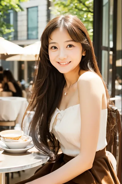 Female Japanese sitting on café terrace, Elegant, long curly hair, turn, off shoulders, large round eyes, Sunlight, with round face, Wide Double Width, Crisp double, With bangs, Brown eyes, narrow forehead, a baby face, Tear bag, smile, Large front teeth a...