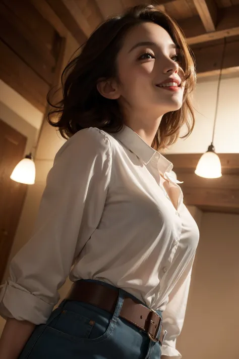 best quality, masterpiece, (photorealistic:1.4), 1girl, light smile, shirt with collars, waist up, dramatic lighting, from below, strip
