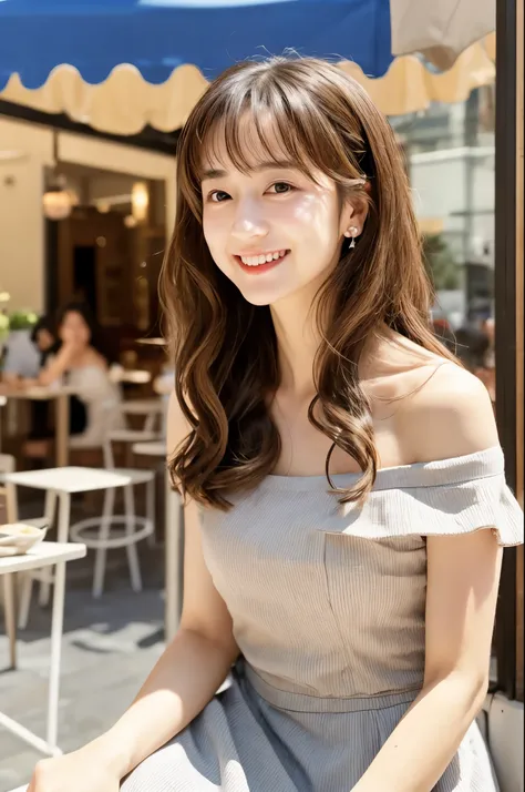 female japanese sitting on café terrace, elegant, long curly hair, turn, off shoulders, large round eyes, sunlight, with round f...