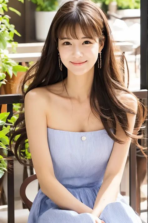 female japanese sitting on café terrace, elegant, long curly hair, turn, off shoulders, large round eyes, sunlight, with round f...