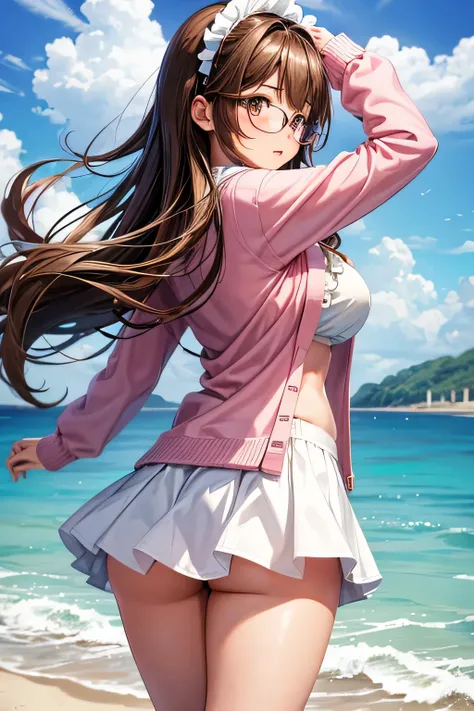 High resolution, high quality, 1 girl, anime girl, Brown hair long hair, brown eyes, green glasses, sunburned skin, big breasts, (big ass),pink cardigan,white ruffle skirt,white knee socks,Upper body,walk,on the beach,