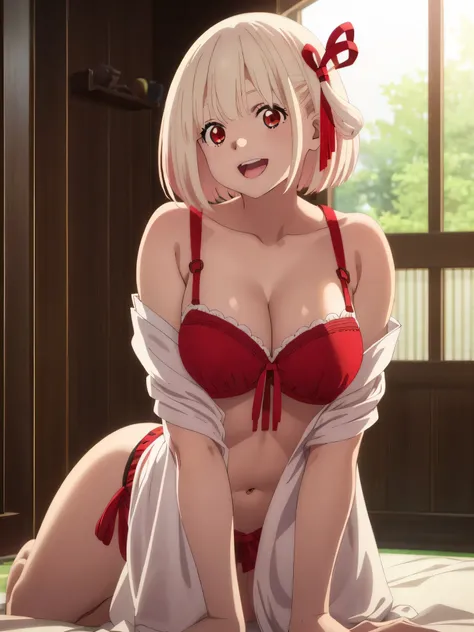 best image quality、high quality、18-year-old、1 girl, masterpiece, 最high quality、Bedroom、Western-style interior,Thread Clothing、wool bra、(((Enlarge the subject)))、Upper body、(Laughter:1.1), , (wide open eyes:1.2)、get down on all fours、glare of the sun, perfe...