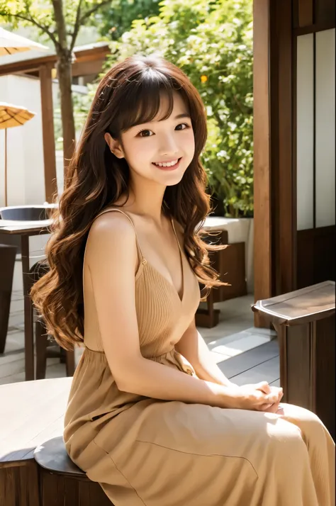 female japanese sitting on café terrace, elegant, long curly hair, turn, off shoulders, large round eyes, sunlight, with round f...