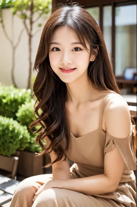 Female Japanese sitting on café terrace, Elegant, long curly hair, turn, off shoulders, large round eyes, Sunlight, with round face, With bangs, Brown eyes, narrow forehead, a baby face, Tear bag, smile, Large front teeth are slightly visible, long skirt,