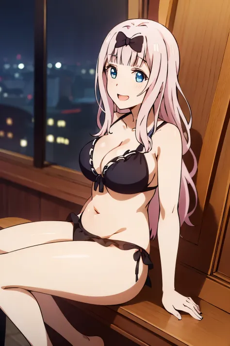 best quality, (masterpiece:1.2), detailed,
fujiwara chika (kaguya-sama),
1girl, solo, open mouth, smile,
pink hair, blue eyes, long hair, looking at the viewer,  sitting, knees together feet apart, anime coloring, bikini