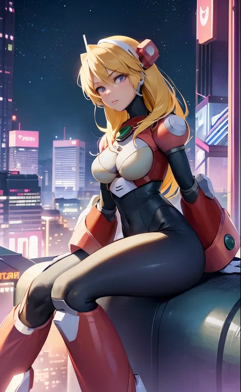 alia_megamanx sitting on the border of the top of a building tokyo - bak cyberpunk city at the background, ssci - fi, fantasy, i...