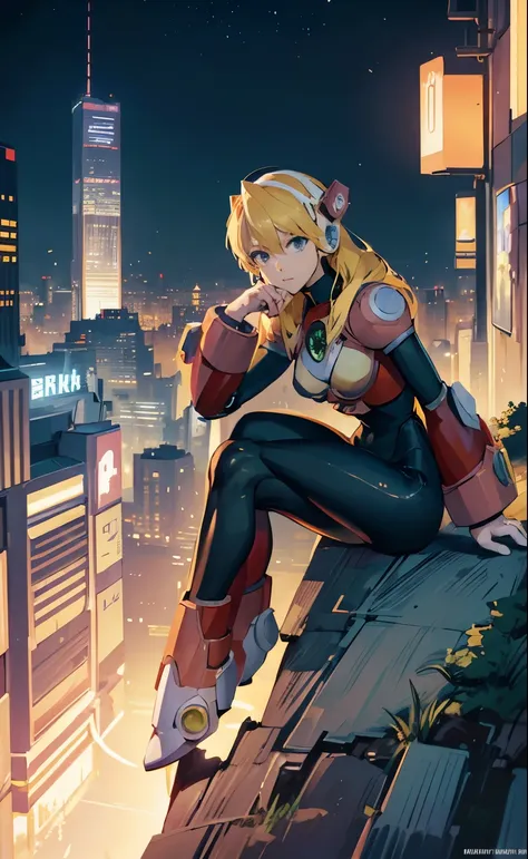 alia_megamanx sitting on the border of the top of a building tokyo - bak cyberpunk city at the background, ssci - fi, fantasy, i...