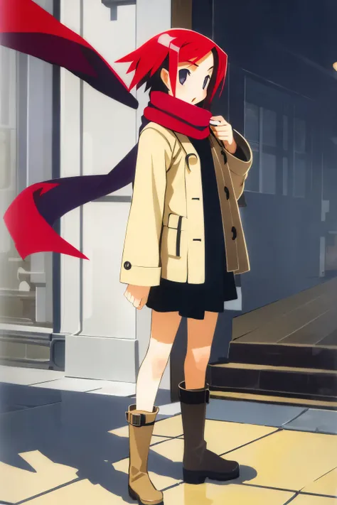 masterpiece, best_quality, 1girl, solo, red hair, tomboy, scarf, skirt, long boots