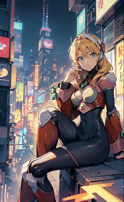 alia_megamanx sitting on the border of the top of a building tokyo - bak cyberpunk city at the background, ssci - fi, fantasy, i...