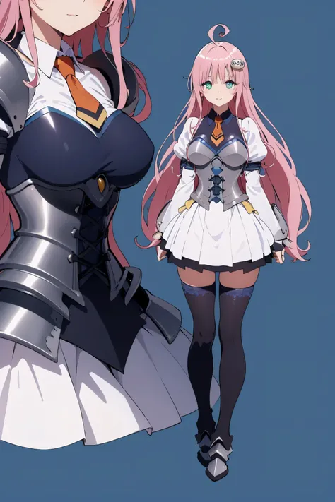 highres, aalala, long hair, ahoge, hair ornament, green eyes, breasts, 
BREAK (shirt,tie,corset,skirt,long sleeves,Armor,shoulder armor, armored dress, armored boots:1.2),
BREAK (multiple views:1.5),from behind,from_front,(blue background:1.3),(full body:1...