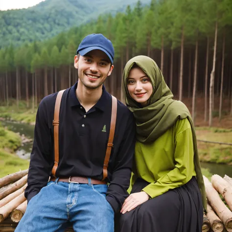 there is a man and woman sitting on a bench in the woods, in front of a forest background, lovely couple, happy couple, couple, couple pose, in a scenic background, smiling couple, in green forest, in front of an amazing forest, couple portrait, in forest,...