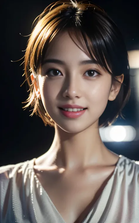 realistic, surreal, cinematic lighting, 32K, 1 girl, look up, Backlight, (bright light:1.2), (Improvement of quality:1.4), (Highest quality realistic textured skins:1.4), fine eyes, detailed face, shy smile, close up of face, short hair, blouse, (Enhances ...