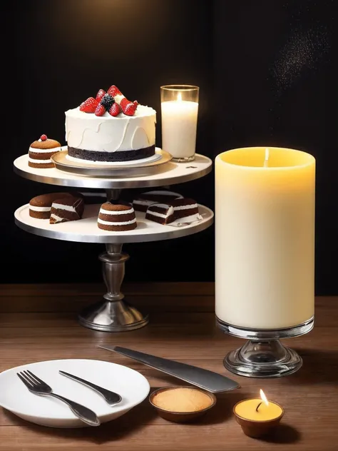 there are three tiered pasteles on a pastel stand with a candle, pasteles, pastel, heavy vignette!, Luz en la parte superior, postres, alto - contraste, alto contraste, crujiente, detalles premiados &citar;, crujiente, award-winning details”, alto contrast...