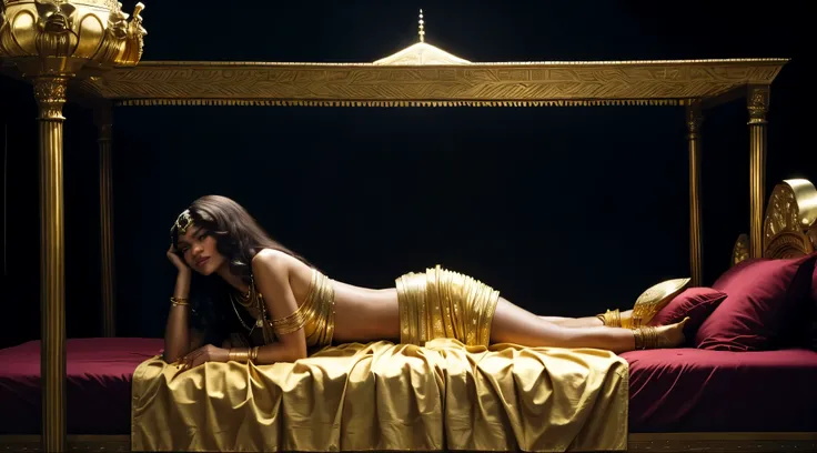 zendaya portrayed as cleopatra lying on her extra-large bed adorned with gold, daylight phophotorealistic portrait, dramatic, ci...