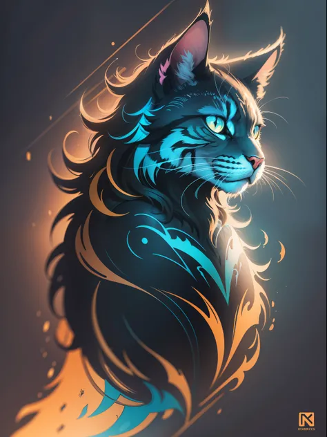 [gato] Heraldic silhouette, logo masking style illustration, Direction: Dan Mumford, por Greg Rutkowski, por James Jean, fundo preto, arte de fantasia, misterioso, realista, majestoso, cores ricas e vibrantes, alto contraste, Seamless watermark, Art Statio...