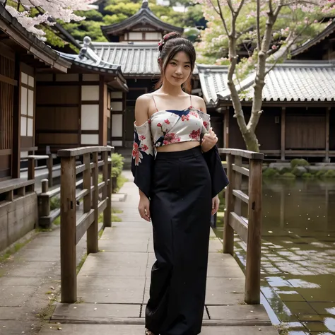 a beautiful 24-year-old Japanese girl wearing a cropped Japanese kimono, holding a samurai with a spoiled smiling expression while showing a tattoo on her shoulder, standing on a bridge, old Japanese village atmosphere, very high resolution cherry trees, v...