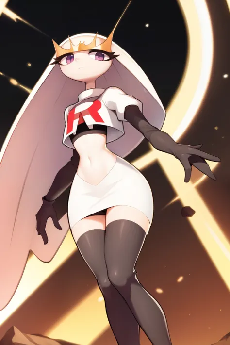 pheromosa, furry female, anthro, segmented body, long hair, solo, (best quality),dramatic lighting, looking at viewer, 2 fingersteam rocket,team rocket uniform,white skirt,crop top,black thigh-highs,black elbow gloves