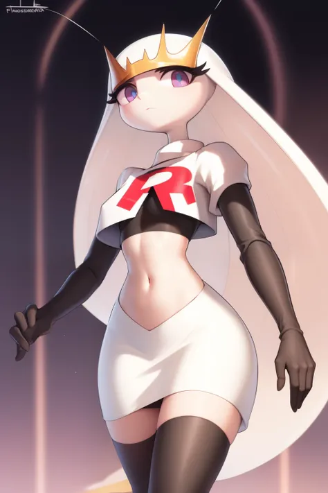 pheromosa, furry female, anthro, segmented body, long hair, solo, (best quality),dramatic lighting, looking at viewer, 2 fingersteam rocket,team rocket uniform,white skirt,crop top,black thigh-highs,black elbow gloves