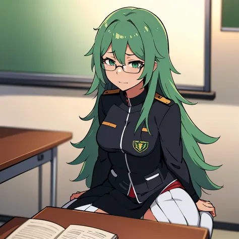 Anime illustration of a girl with long green hair., He wears glasses and wears a uniform and is inside a classroom sitting in a classroom. ella esta muy sonrojada. Ella tiene muslos largos y lleva medias sexys.. 