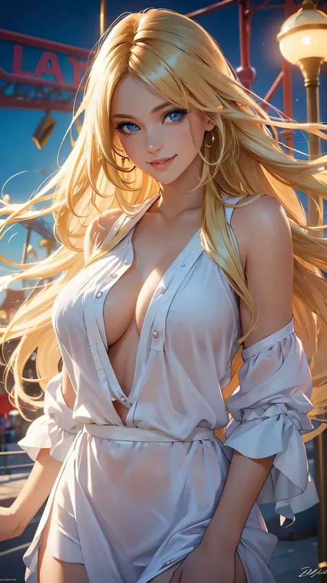 (best quality,ultra-detailed,photo-realistic:1.37),bright and vibrant colors,studio lighting,playful expression,stylish makeup,long blonde hair flowing in the wind,alluring eyes,glossy lips,sexy pose,preppy look, Amusement Park, smiling in a confident and ...