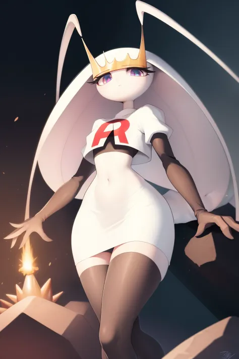 pheromosa, furry female, anthro, segmented body, long hair, solo, (best quality),dramatic lighting, looking at viewer, 2 fingersteam rocket,team rocket uniform,white skirt,crop top,black thigh-highs,black elbow gloves