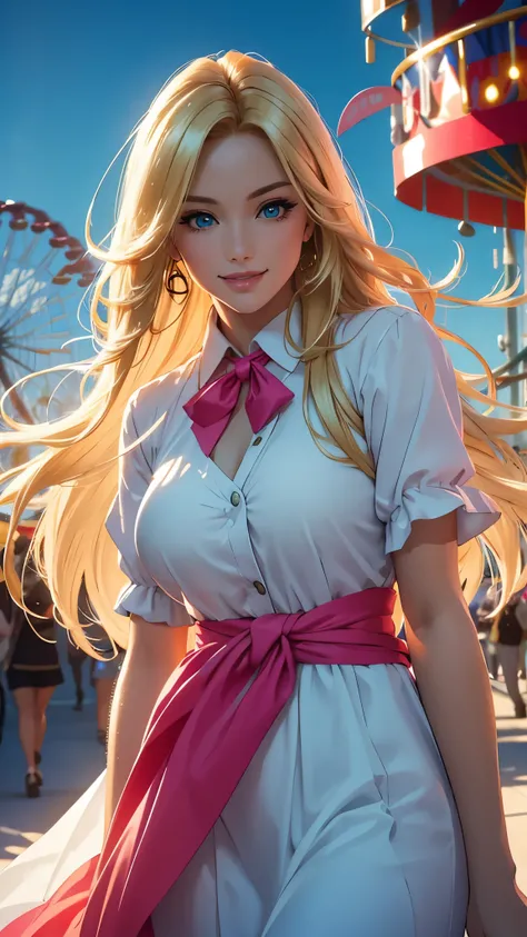 (best quality,ultra-detailed,photo-realistic:1.37),bright and vibrant colors,studio lighting,playful expression,stylish makeup,long blonde hair flowing in the wind,alluring eyes,glossy lips,sexy pose,preppy look, Amusement Park, smiling in a confident and ...