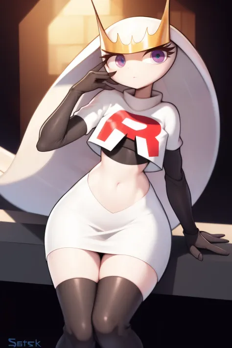 pheromosa, furry female, anthro, segmented body, long hair, solo, (best quality),dramatic lighting, looking at viewer, 2 fingersteam rocket,team rocket uniform,white skirt,crop top,black thigh-highs,black elbow gloves