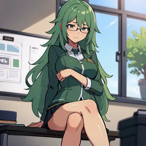 Anime illustration of a girl with long green hair., He wears glasses and wears a uniform and is inside a classroom sitting in a classroom. ella esta muy sonrojada. Ella tiene muslos largos y lleva medias sexys.. 