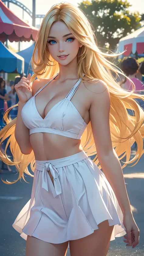 (best quality,ultra-detailed,photo-realistic:1.37),bright and vibrant colors,studio lighting,playful expression,stylish makeup,long blonde hair flowing in the wind,alluring eyes,glossy lips,sexy pose,preppy look, Amusement Park, smiling in a confident and ...