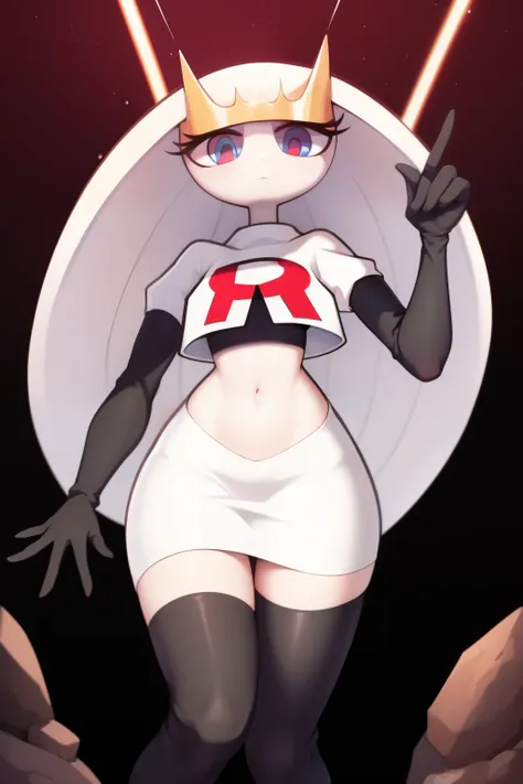 pheromosa, furry female, anthro, segmented body, long hair, solo, (best quality),dramatic lighting, looking at viewer, 2 fingersteam rocket,team rocket uniform,white skirt,crop top,black thigh-highs,black elbow gloves