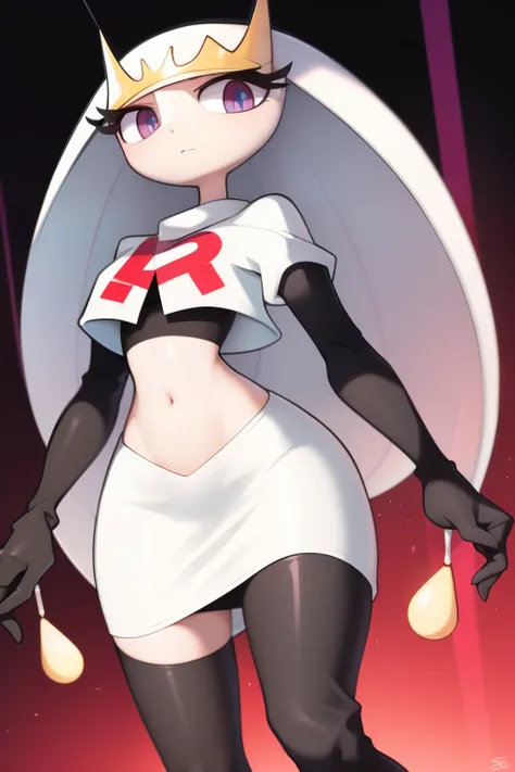 pheromosa, furry female, anthro, segmented body, long hair, solo, (best quality),dramatic lighting, looking at viewer, 2 fingersteam rocket,team rocket uniform,white skirt,crop top,black thigh-highs,black elbow gloves