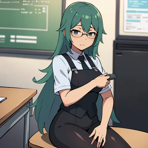 anime illustration of a girl with long green hair., he wears glasses and wears a uniform and is inside a classroom sitting in a ...