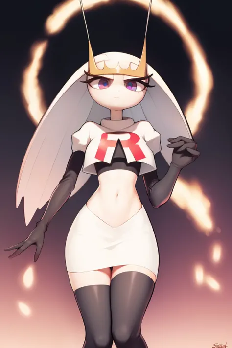pheromosa, furry female, anthro, segmented body, long hair, solo, (best quality),dramatic lighting, looking at viewer, 2 fingersteam rocket,team rocket uniform,white skirt,crop top,black thigh-highs,black elbow gloves
