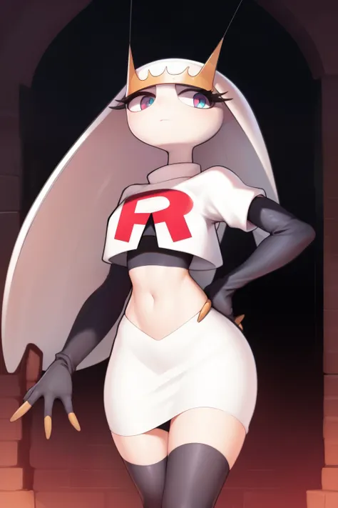 pheromosa, furry female, anthro, segmented body, long hair, solo, (best quality),dramatic lighting, looking at viewer, 2 fingersteam rocket,team rocket uniform,white skirt,crop top,black thigh-highs,black elbow gloves