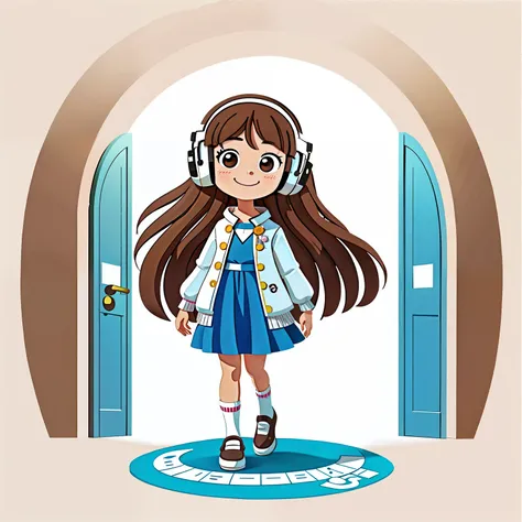 Girl with long brown hair，Wearing a white wedding suit，（listen to music），（聆listen to music），enjoy music，walk into a door，open a door，Open the door and go in（There is love）happy，Surrounded by love，Surrounded by love，O sign，vector，line art，design，inspiration...