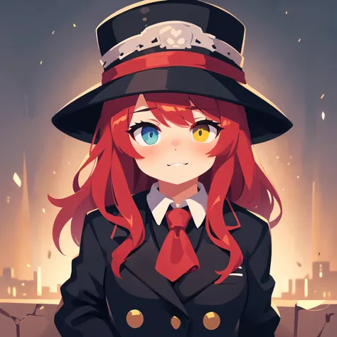 ((best quality)), ((photorealistic)), 1girl, long red hair, heterochromia, left eye is yellow and a right eye is green, black tophat with red tape on it, black coat, black gloves, (mafia vibe)