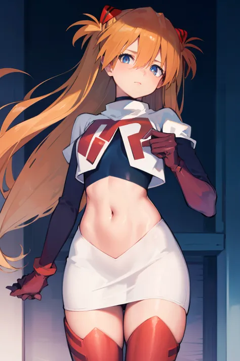 asukalangley, asuka langley soryu, (souryuu asuka langley:1.5), blue eyes, hair between eyes, headgear, interface headset, orange hair, two side up,
BREAK team rocket,team rocket uniform,white skirt,crop top,black thigh-highs,black elbow gloves
BREAK looki...