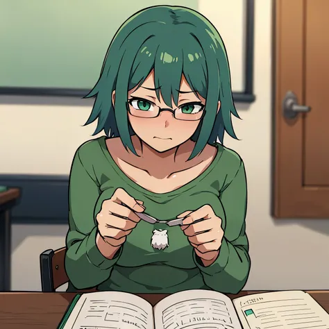 anime illustration of an anime girl with green hair and green eyes, she wears glasses, she has a shy look and is very blushing, ...