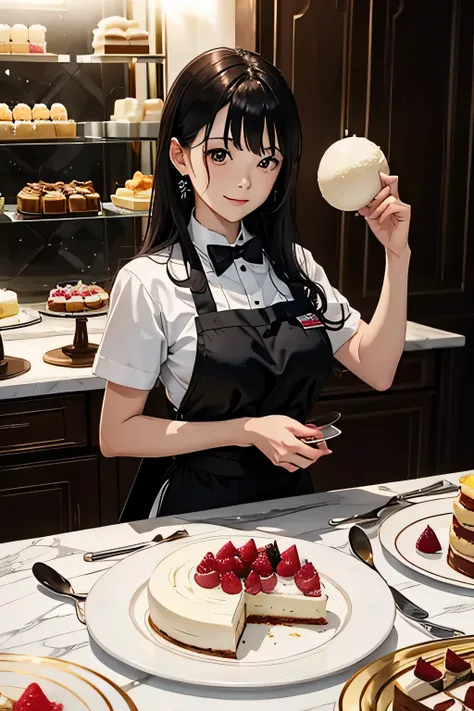 Japanese anime character、Professional pastry chef expertly assembles decadent desserts. The image is、All-white pastry kitchen revealed with marble countertops and glass showcases. chef, elegant teenage girl, shy smile,Carefully place the raspberries on top...