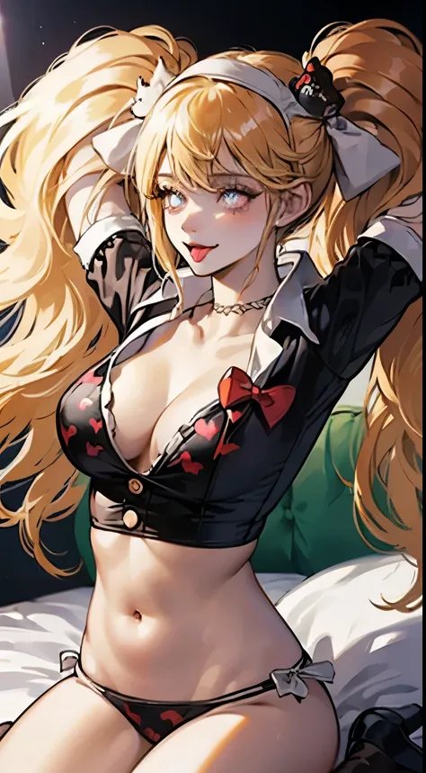 realisitic、top-quality、1girl in, blonde twin tails, Cats ears、Maid headdress, Tongue out、((Heart shaped pupils)) 、cow print frill bikini、PVC gloves, Big breasts、wariza ,Arms behind your head