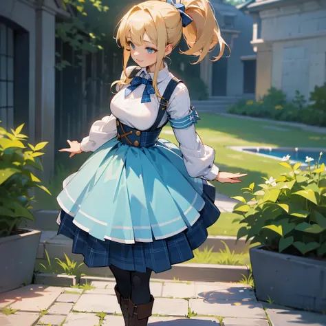 (high quality, high resolution, Super detailed, Reality:1.37), peaceful atmosphere, (outdoor, garden), Teenage girl standing alone, (My breasts are big.), Beautiful detailed features, cute smile, (Blonde ponytail), ribbed sweater, blue plaid skirt, Black t...