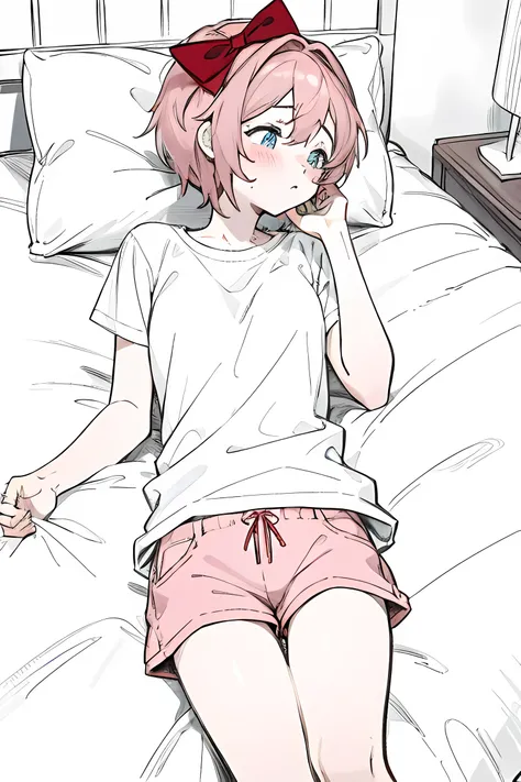 obra de arte, melhor qualidade, High definition, 1 garota, Sayori, olhos azuis, cabelo rosa, arco de cabelo, Red loop, usar camiseta branca, wear short pants, deitado na cama, quarto, Shy, Rubor