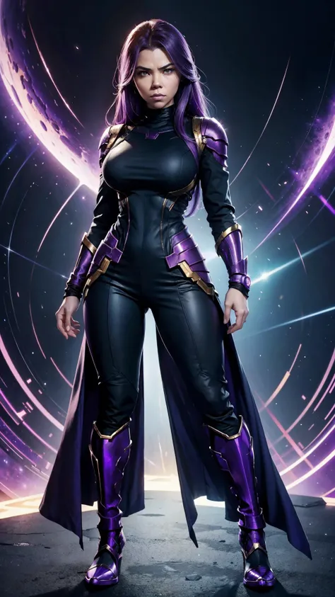 a humanized and female version of Thanos, always repeating the same face, always repeating the same proportions, always repeating the same appearance, always repeating the same clothes, alone, full body, looking directly at the camera