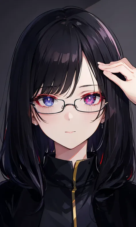 Face shot，no bangs，no bangs，no bangs，Soothing black hair，Silver-framed glasses，Beautiful brunette religious priest，Very stunning red and blue heterochromatic pupils，crow feeling，A little bit old-fashioned，Black clothes with dark purple lines